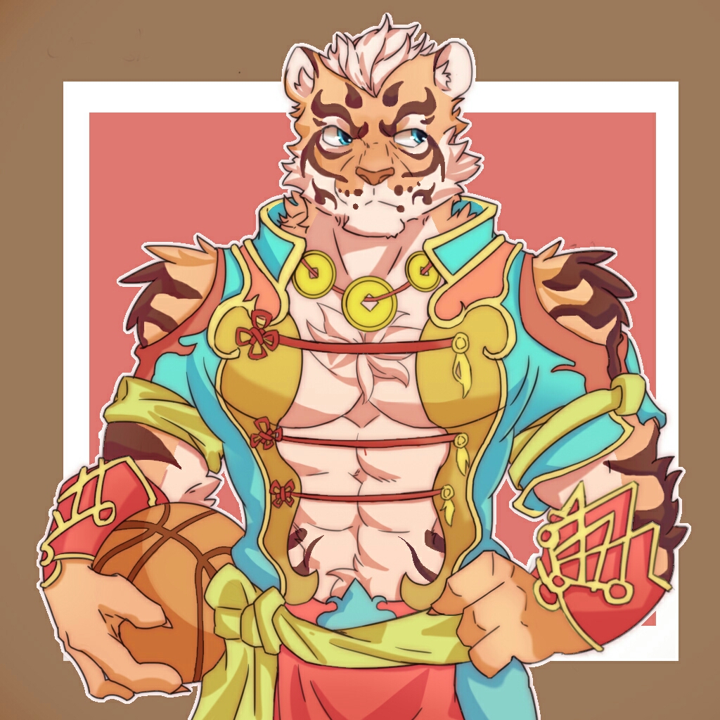 1:1 abs anthro ball basketball_(ball) blue_eyes bottomwear clothed clothing felid fur hair holding_ball holding_object lin_hu looking_aside male mammal multicolored_body multicolored_fur muscular muscular_anthro muscular_male nekojishi open_shirt orange_body orange_fur pantherine pecs sanjiaoasanjiao shirt solo striped_body striped_fur stripes tiger topwear two_tone_body two_tone_fur white_body white_fur white_hair