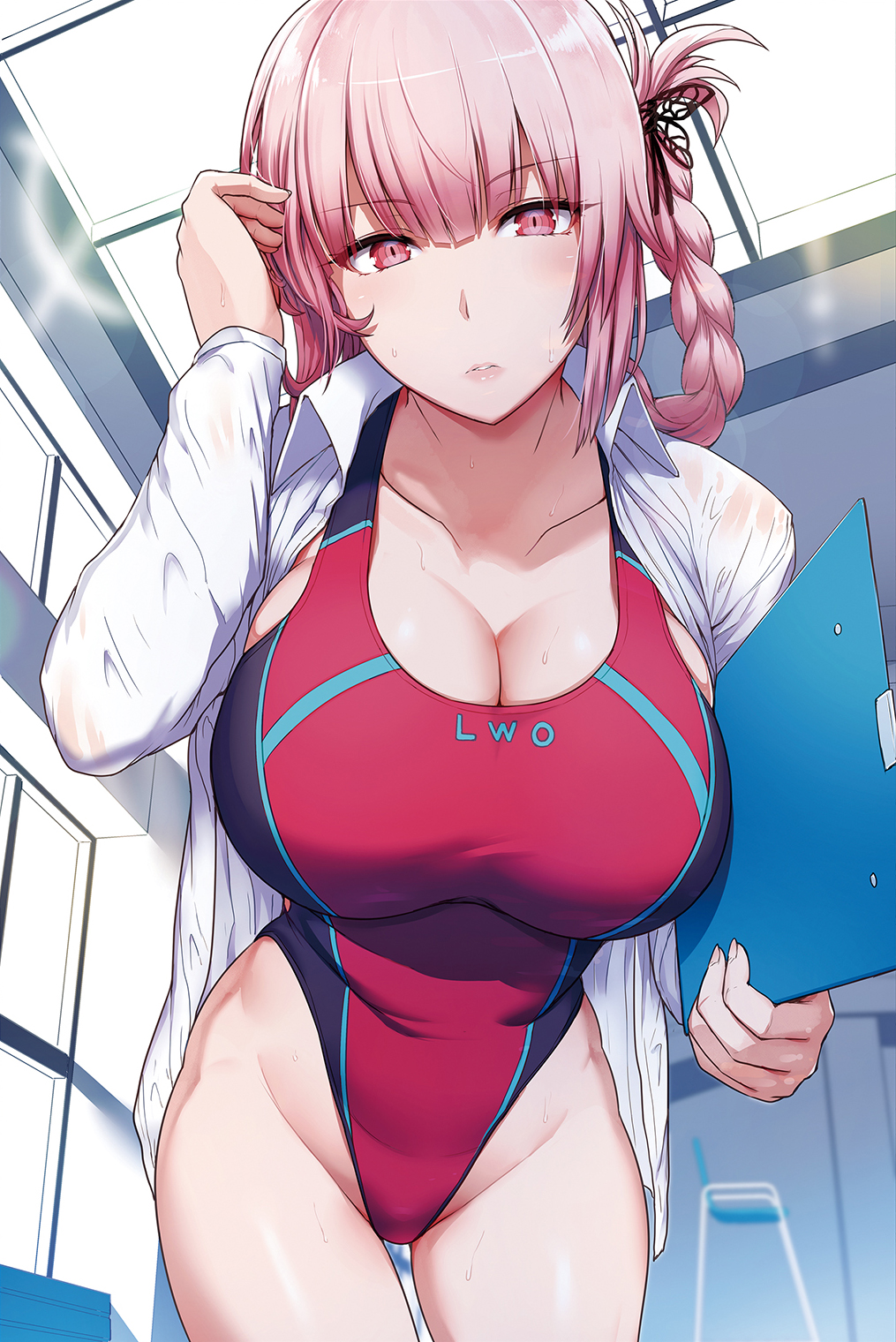1girl blush braid breasts cleavage collarbone competition_swimsuit cowboy_shot cropped dress_shirt eyebrows_visible_through_hair fate/empire_of_dirt fate/grand_order fate_(series) florence_nightingale_(fate/grand_order) hair_tucking highleg highleg_swimsuit highres holding indoors large_breasts leaning_forward looking_at_viewer miyamoto_issa non-web_source one-piece_swimsuit open_clothes open_shirt parted_lips pink_eyes pink_hair shirt short_hair solo sweat swimsuit twin_braids white_shirt wing_collar