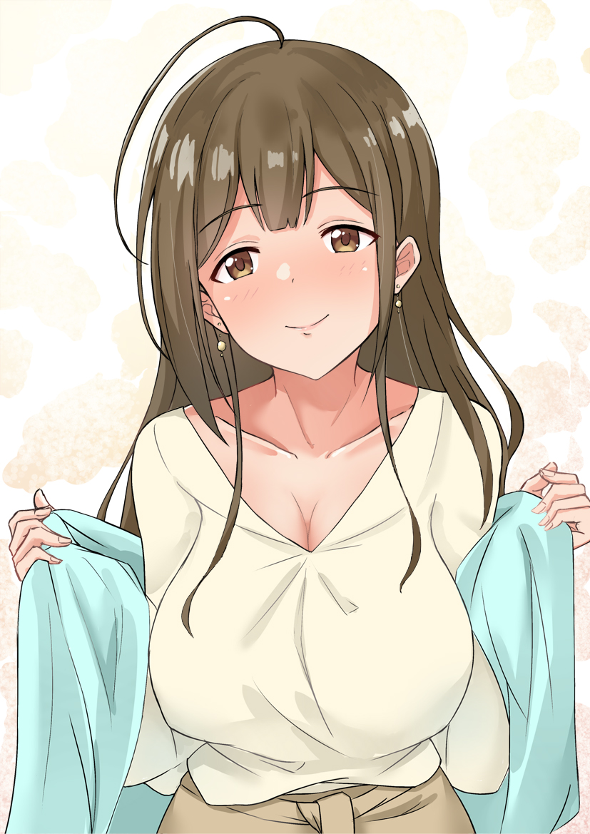 1girl ahoge bangs blush breasts brown_eyes brown_hair cleavage closed_mouth collarbone commentary_request earrings eyebrows_visible_through_hair fingernails hair_over_shoulder hands_up holding holding_clothes idolmaster idolmaster_shiny_colors jewelry kuwayama_chiyuki large_breasts long_hair nakasima-syouta nose_blush shiny shiny_hair smile solo upper_body v-neck w_arms