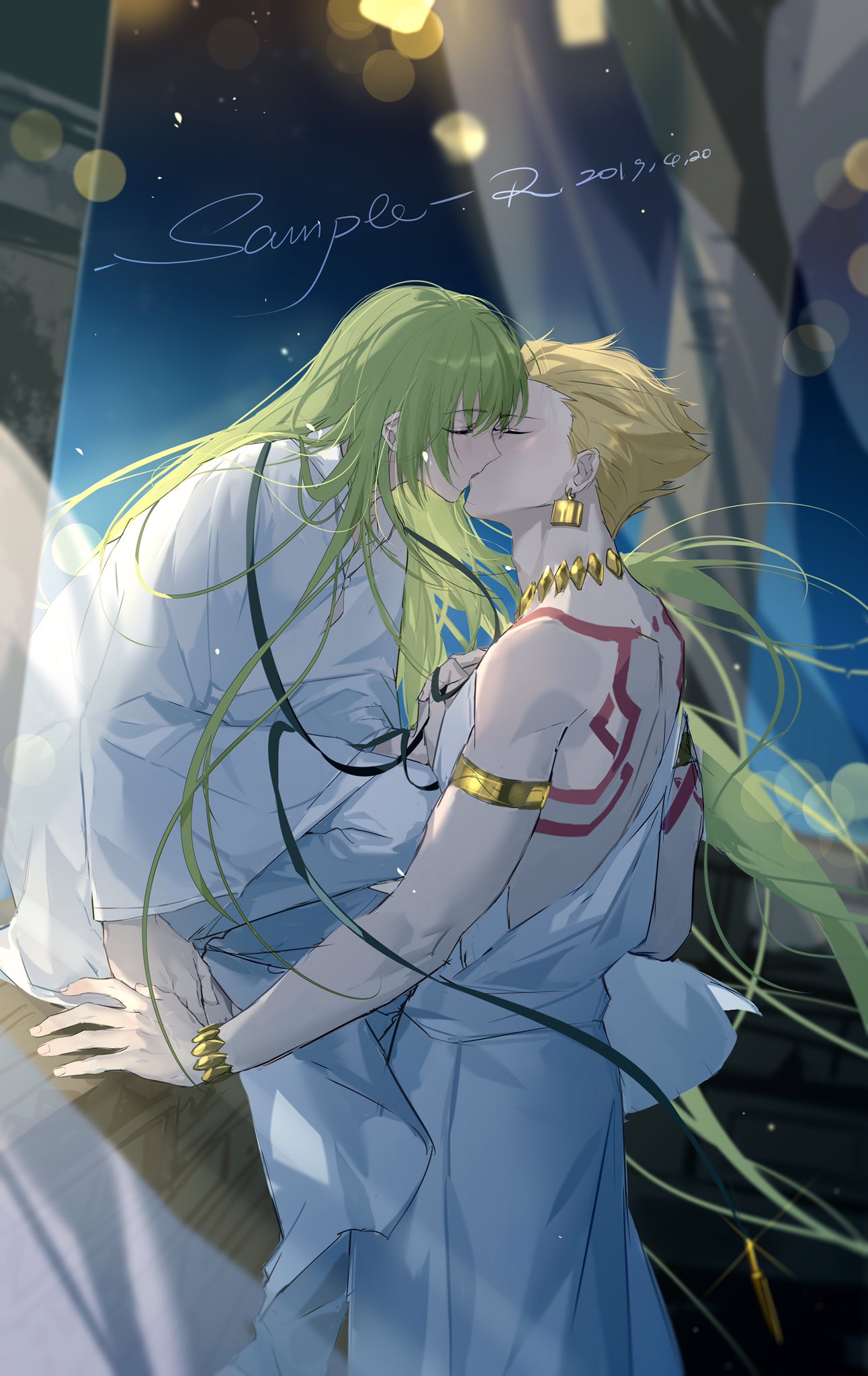 2boys armlet back_tattoo bangs bare_shoulders blonde_hair bracelet closed_eyes commentary earrings english_commentary enkidu_(fate/strange_fake) eyebrows_visible_through_hair fate/grand_order fate_(series) from_side gilgamesh green_hair highres holding_hands jewelry kiss long_hair male_focus multiple_boys necklace night night_sky rrr_(reason) sample short_hair sitting sky star_(sky) starry_sky tattoo very_long_hair white_robe yaoi