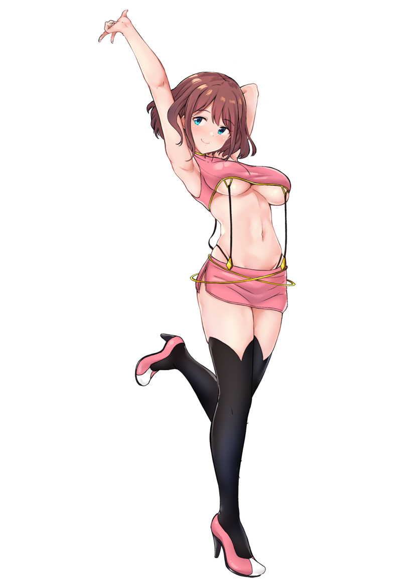 1girl armpits arms_up bangs black_legwear blue_eyes blush breasts brown_hair closed_mouth commentary_request full_body high_heels leg_up medium_hair miniskirt nakasima-syouta navel original pink_footwear pink_skirt side_slit simple_background skirt smile solo suspender_skirt suspenders thighhighs underboob w white_background