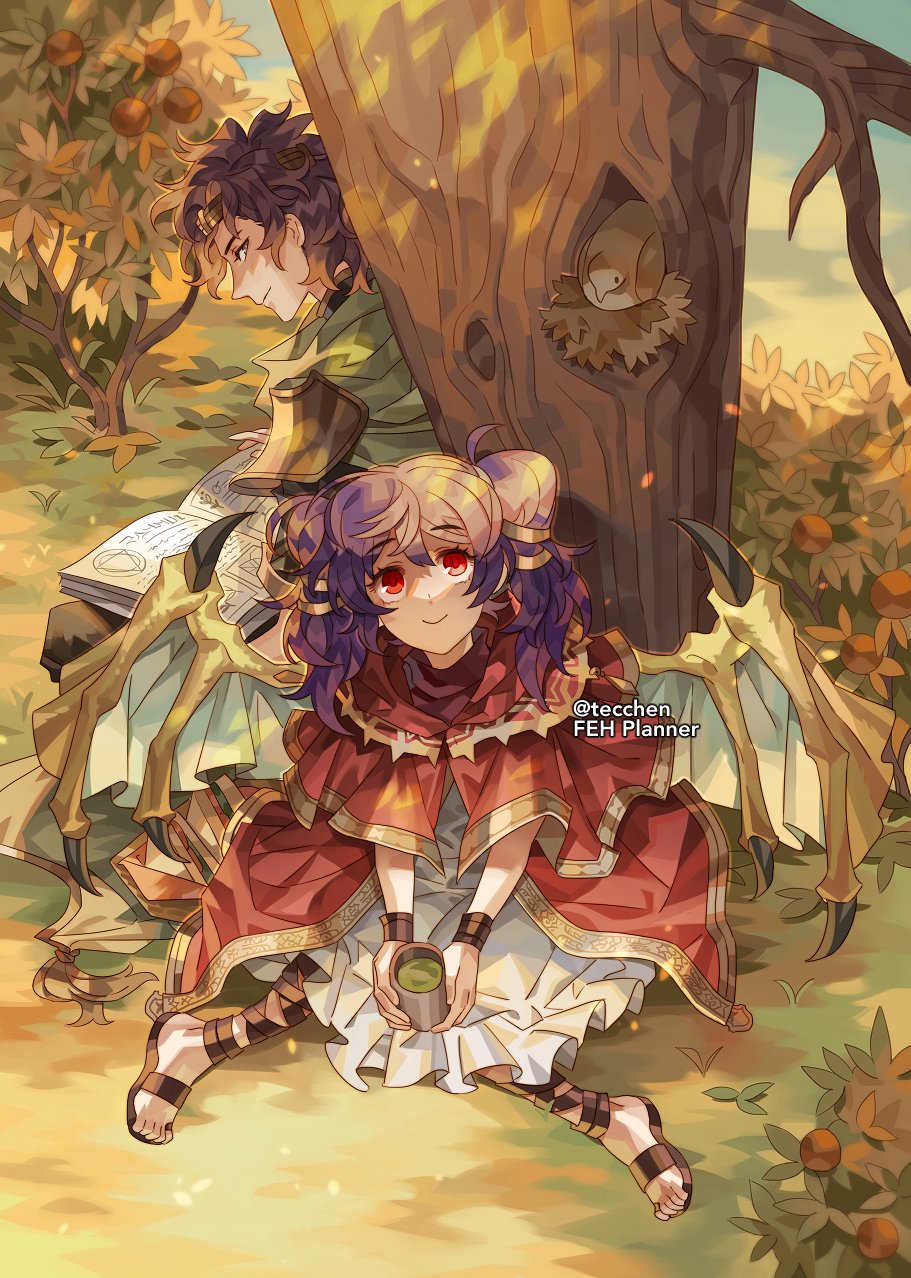 1boy 1girl bird book closed_mouth cup dragon_wings dress fire_emblem fire_emblem:_the_sacred_stones from_side highres holding holding_book holding_cup multi-tied_hair myrrh_(fire_emblem) open_book outdoors purple_hair red_eyes saleh_(fire_emblem) sitting smile tecchen tree twintails twitter_username wings