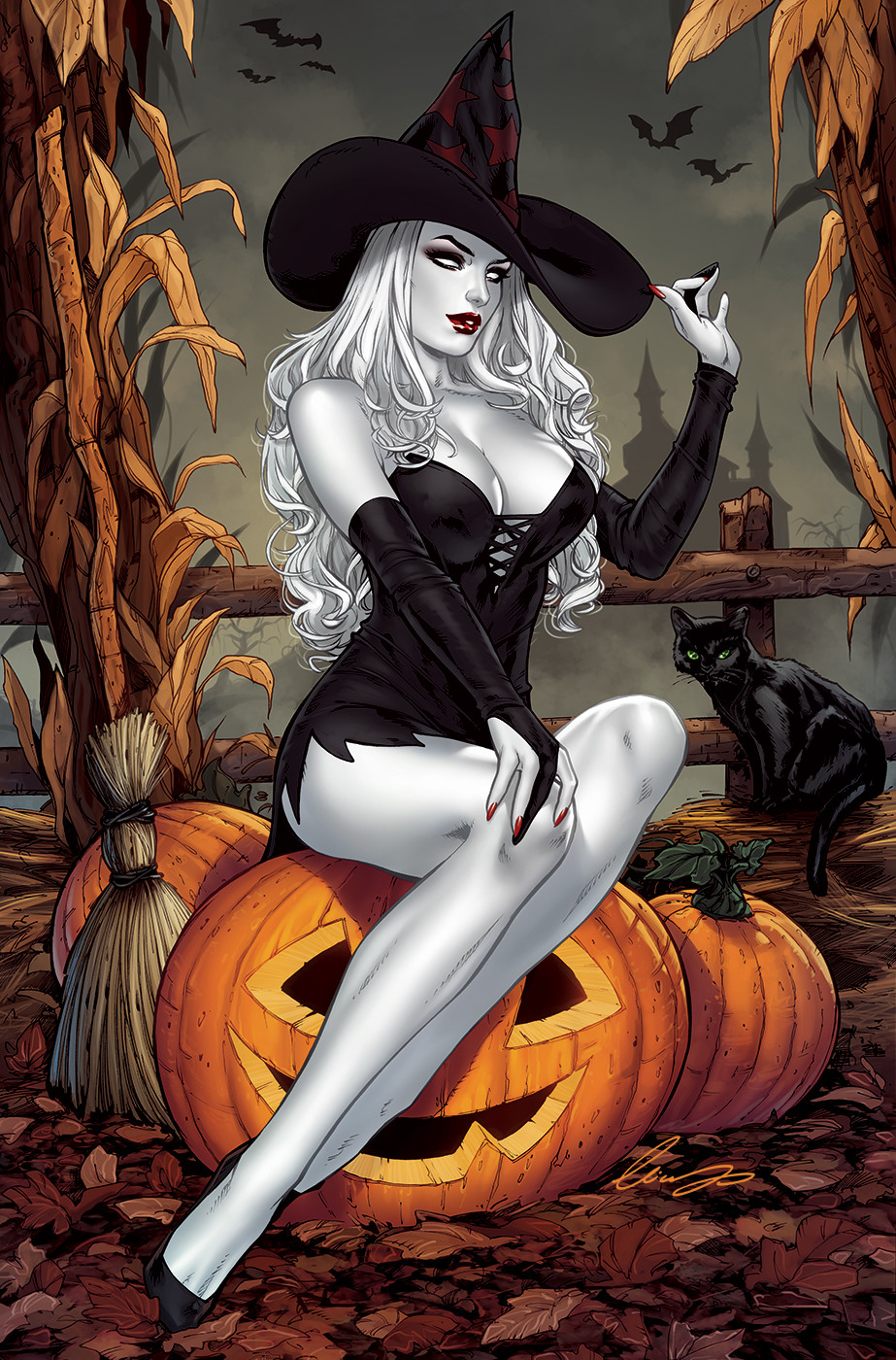 1girl bare_legs bat boots breasts cat cleavage dress elias_chatzoudis hat highres lady_death large_breasts long_hair looking_at_viewer nail pumpkin sitting solo white_eyes white_hair white_skin witch_hat