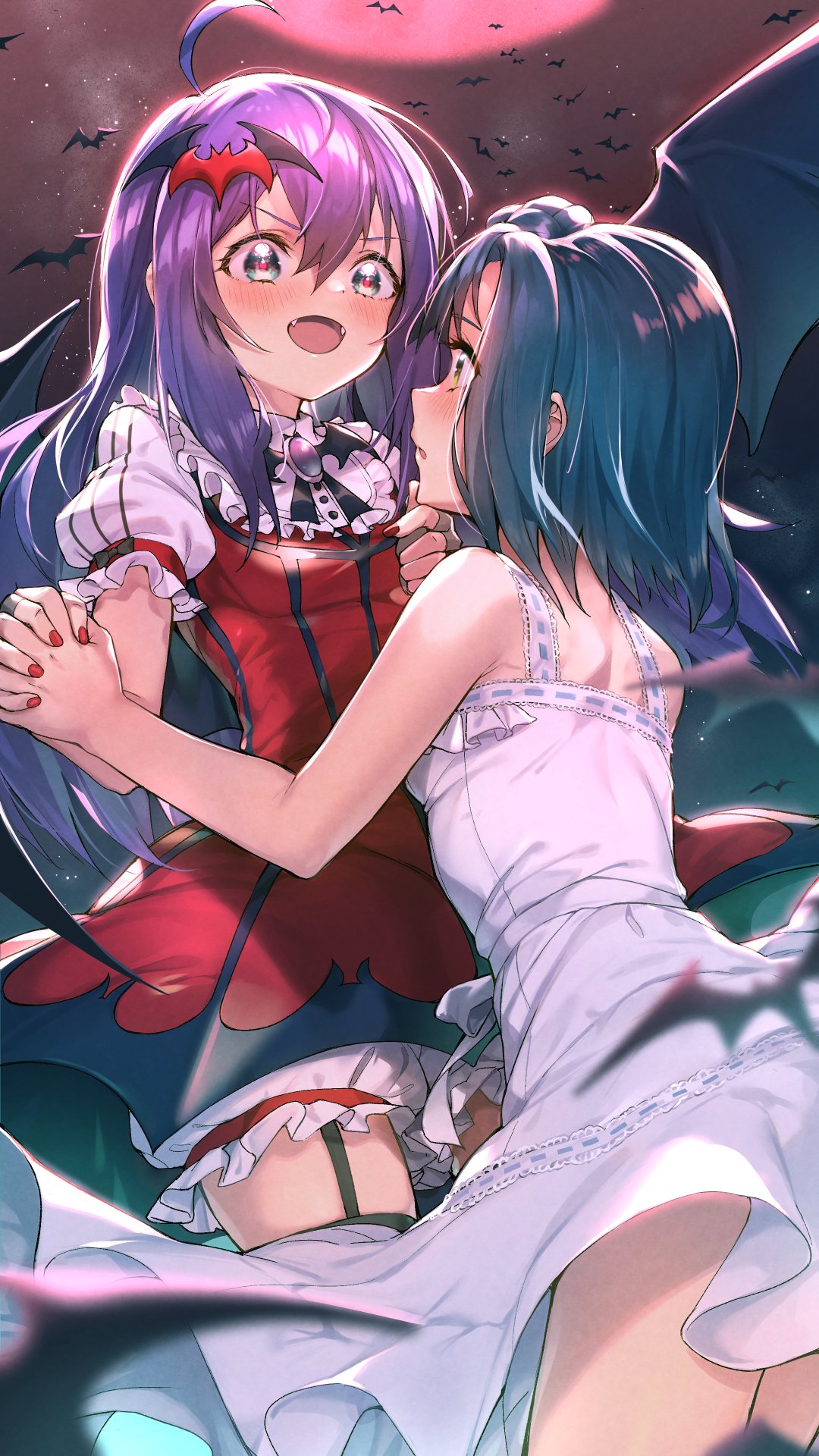 2girls :d ahoge animal_print aqua_eyes backlighting bare_arms bare_shoulders bat bat_hair_ornament bat_print bat_wings black_wings bloomers blue_hair blue_ribbon blurry_foreground blush braid breasts collared_dress commentary cowboy_shot dress eye_contact eyebrows_visible_through_hair fangs fingernails frilled_dress frilled_shirt_collar frilled_sleeves frills from_below full_moon garter_straps hair_between_eyes hair_ornament hands_up highres holding_hands idolmaster idolmaster_million_live! idolmaster_million_live!_theater_days interlocked_fingers light_particles long_hair looking_at_another medium_hair mochizuki_anna moon multiple_girls my_dear_vampire nail_polish nanao_yuriko night open_mouth outdoors parted_lips print_dress profile puffy_short_sleeves puffy_sleeves purple_hair red_dress red_moon red_nails ribbon ribbon-trimmed_dress shennai_misha shiny shiny_hair short_sleeves sidelocks sleeveless sleeveless_dress small_breasts smile standing sundress symbol_commentary underwear v-shaped_eyebrows vampire white_dress wings yellow_eyes