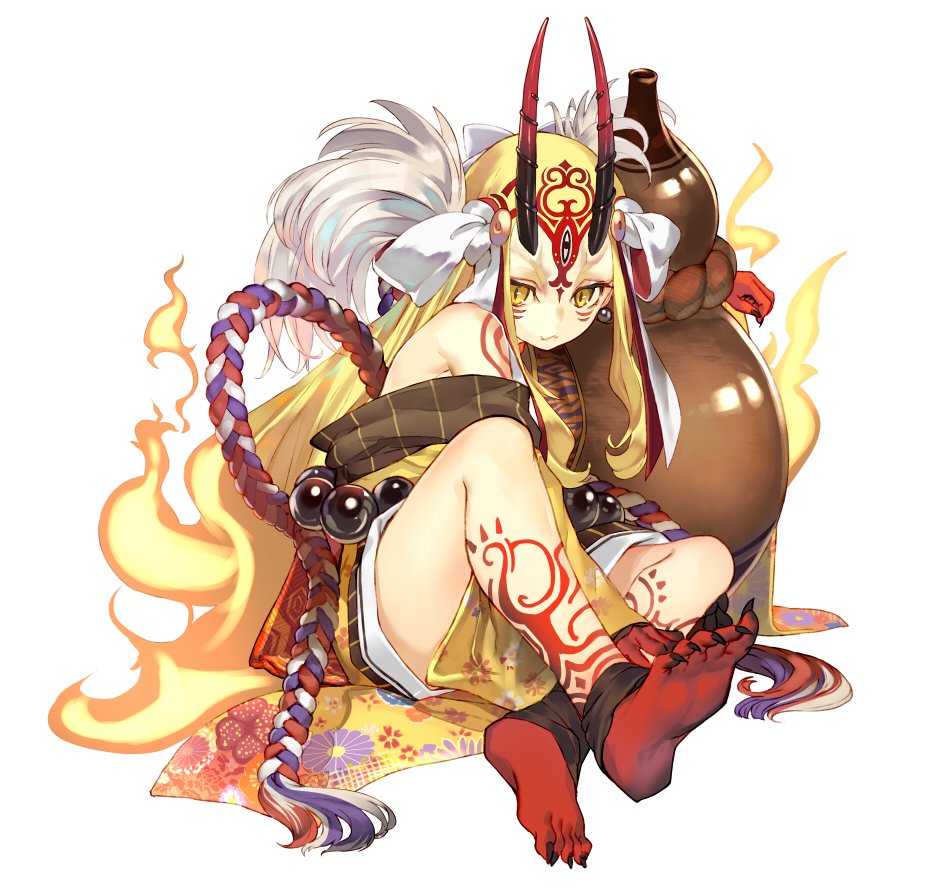 1girl blonde_hair closed_mouth crossed_legs earrings fate/grand_order fate_(series) fiery_hair forehead_tattoo full_body ibaraki_douji_(fate/grand_order) japanese_clothes jewelry kimono leg_tattoo long_hair looking_at_viewer sharp_toenails shirabi simple_background slit_pupils smile solo tattoo toenails very_long_hair white_background yellow_eyes yellow_kimono