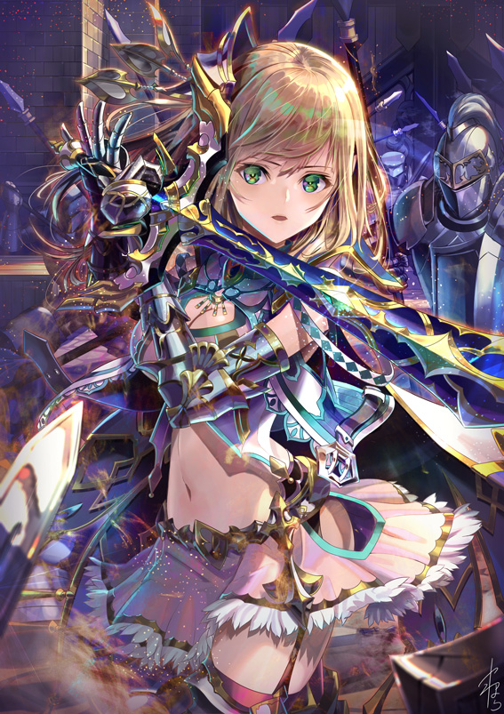 1girl bangs blonde_hair breasts cleavage cowboy_shot fantasy floating_hair garter_straps gauntlets grey_eyes holding holding_sword holding_weapon knight long_hair looking_at_viewer medium_breasts midriff miniskirt navel open_mouth original pink_skirt pleated_skirt red_legwear shiny shiny_hair signature skirt solo standing stomach swept_bangs sword thighhighs weapon yamahara
