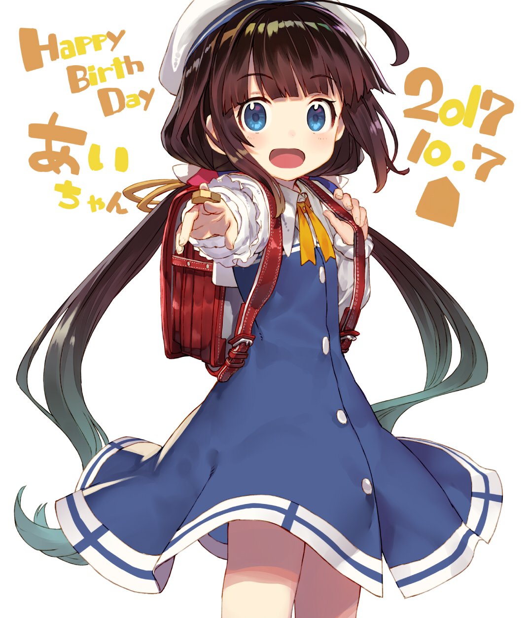 1girl :d ahoge backpack bag black_jacket blue_dress blue_eyes blush board_game bow bowtie brown_hair closed_mouth cowboy_shot dated dress eyebrows_visible_through_hair from_side gradient_hair hair_flaps hair_ribbon hand_up happy_birthday hat highres holding jacket long_hair long_sleeves looking_at_viewer looking_to_the_side multicolored_hair one_side_up open_clothes open_jacket open_mouth pout randoseru red_bow red_eyes red_neckwear ribbon ryuuou_no_oshigoto! shirabi short_over_long_sleeves short_sleeves shougi shougi_piece simple_background smile solo standing tears tress_ribbon twintails upper_body very_long_hair white_background white_headwear yashajin_ai