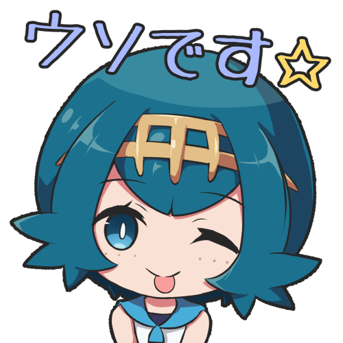 1girl ;p bangs bare_shoulders blue_eyes blue_hair blue_sailor_collar blush closed_mouth eyebrows_visible_through_hair looking_at_viewer lowres nekono_rin one_eye_closed pokemon pokemon_(game) pokemon_sm sailor_collar shirt simple_background sleeveless sleeveless_shirt smile solo star_(symbol) suiren_(pokemon) tongue tongue_out translation_request upper_body white_background white_shirt