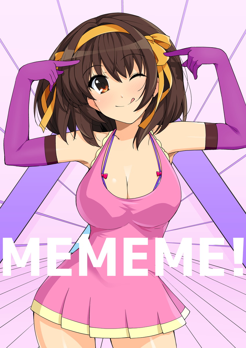 1girl blush bra breasts brown_eyes brown_hair cleavage closed_mouth cosplay curvy dress elbow_gloves eyebrows_visible_through_hair gloves hair_between_eyes hand_to_head haruhisky highres large_breasts looking_at_viewer me!me!me! meme_(me!me!me!) meme_(me!me!me!)_(cosplay) one_eye_closed short_dress smile solo speed_lines suzumiya_haruhi suzumiya_haruhi_no_yuuutsu thigh_gap tongue tongue_out underwear