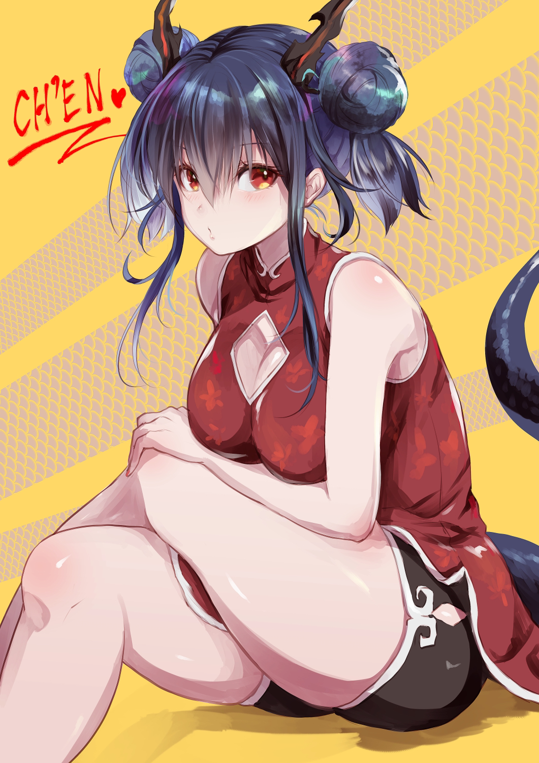 1girl alternate_costume arknights bangs bare_shoulders black_shorts blue_hair breasts ch'en_(arknights) china_dress chinese_clothes cleavage cleavage_cutout crossed_legs double_bun dragon_horns dragon_tail dress hair_between_eyes highres horns long_hair looking_at_viewer red_dress red_eyes shorts sidelocks sitting sleeveless solo tail thighs yue_(pixiv2547)