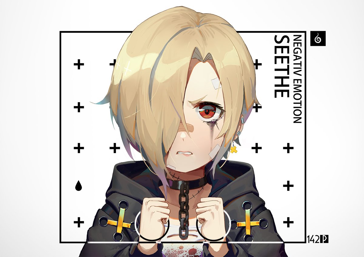 1girl angry black_jacket blonde_hair chain clenched_teeth collar furrowed_eyebrows hair_over_one_eye hands_up hood hood_down hooded_jacket idolmaster idolmaster_cinderella_girls jacket looking_at_viewer metal_collar one_eye_covered red_eyes runny_makeup scar shirasaka_koume short_hair solo tears teeth upper_body v-shaped_eyebrows waterkuma