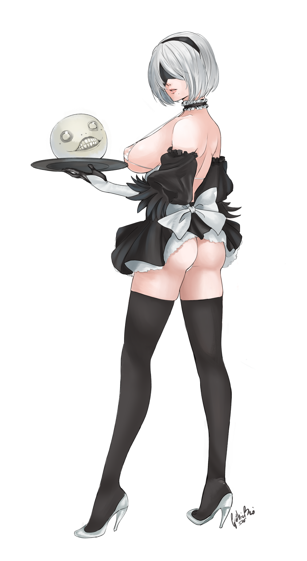 1girl alternate_costume ass back_bow bare_shoulders black_blindfold black_dress black_hairband black_legwear blindfold bow bra breasts choker dress elbow_gloves emil_(nier) feather-trimmed_sleeves frilled_choker frills gloves hairband high_heels highres holding holding_tray large_breasts nier_(series) nier_automata sideboob silver_hair sinccubi thighhighs tray two-tone_gloves underwear white_background white_bow white_footwear yorha_no._2_type_b