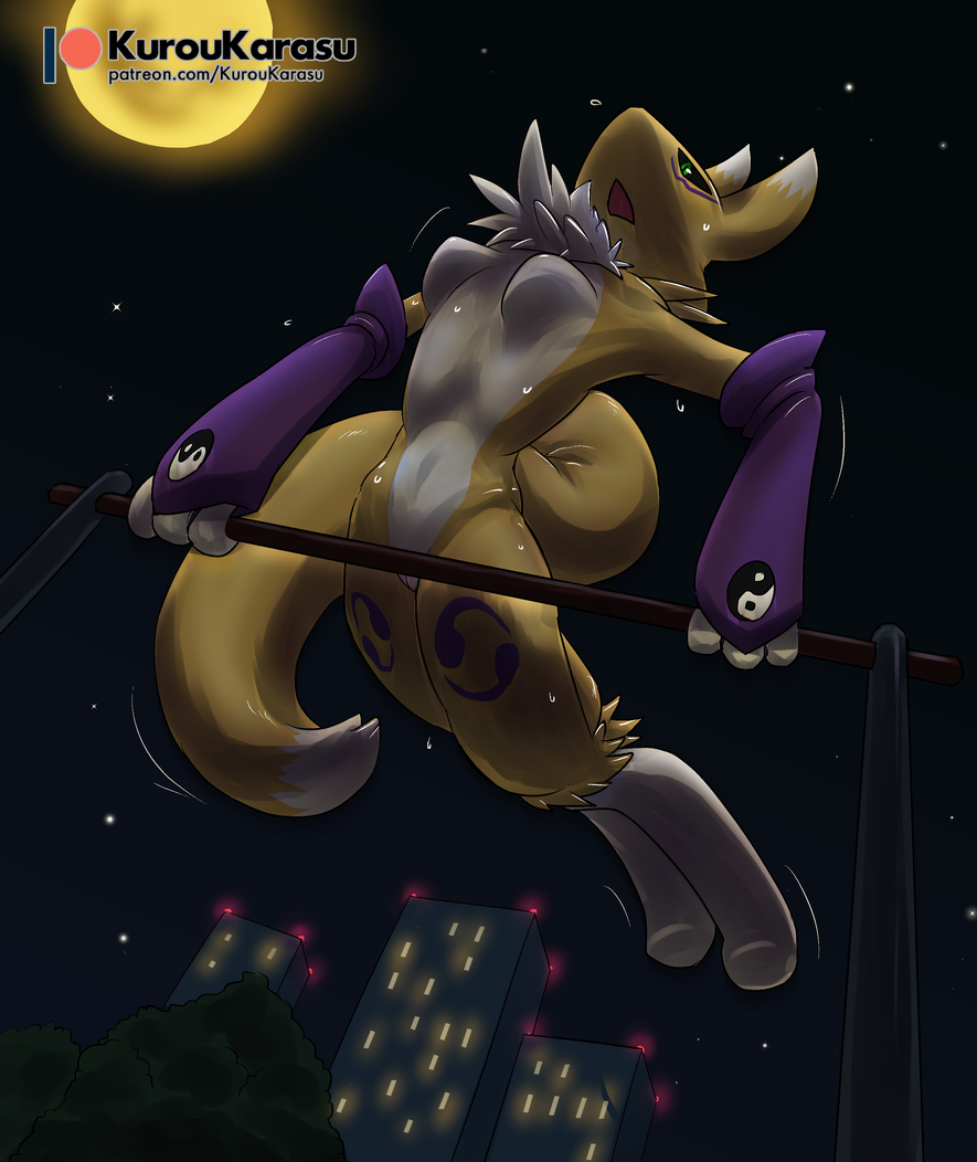 2020 anthro barely_visible_genitalia barely_visible_pussy bodily_fluids breasts canid canine city digimon digimon_(species) exercise featureless_breasts female fur genitals kurou-karasu low-angle_view mammal moon neck_tuft night night_sky nude pull_ups pussy renamon sky skyscraper solo sweat training tuft white_body white_fur yellow_body yellow_fur yin_yang