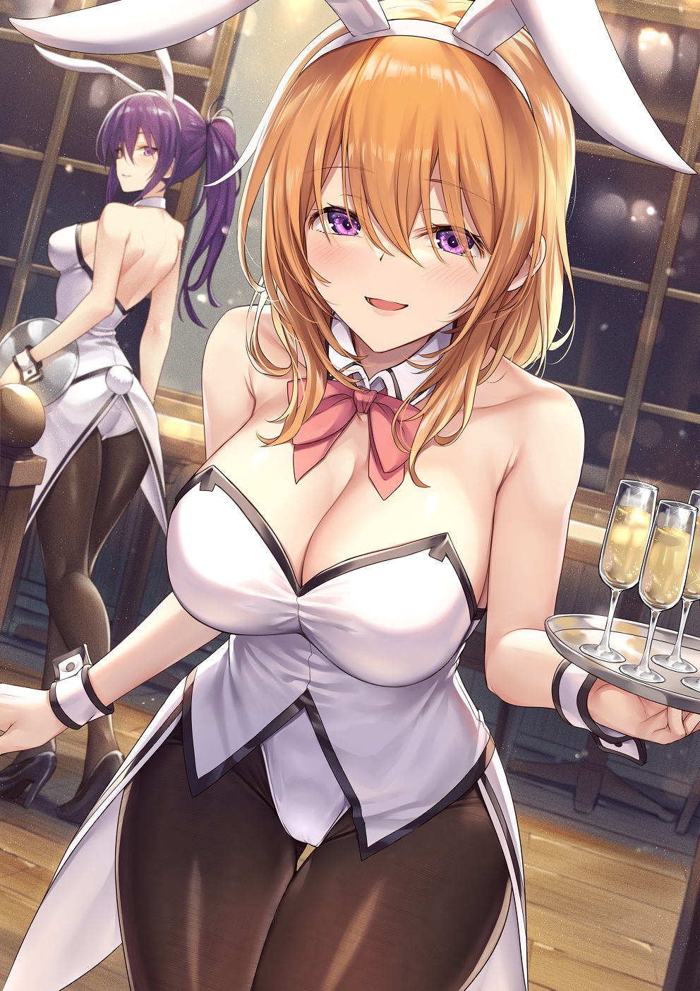 2girls :d alcohol animal_ears arm_at_side armpit_crease ass bangs bare_arms bare_shoulders black_footwear black_legwear blush bow bowtie breasts bunny_ears bunny_girl bunny_tail bunnysuit champagne_flute cleavage collarbone commentary_request cowboy_shot cup detached_collar drink drinking_glass dutch_angle eyebrows_visible_through_hair film_grain from_behind gochuumon_wa_usagi_desu_ka? hair_between_eyes hairband hand_up high_heels high_ponytail highres holding holding_tray hoto_cocoa indoors ks_(xephyrks) large_breasts leaning_forward leotard long_hair looking_at_viewer looking_back multiple_girls night night_sky older open_mouth orange_hair pantyhose purple_eyes purple_hair red_bow red_neckwear sideboob sidelocks sky smile sparkle standing strapless strapless_leotard table tail taut_clothes taut_leotard tedeza_rize thigh_gap tray waitress walking white_hairband white_leotard window wooden_floor wrist_cuffs