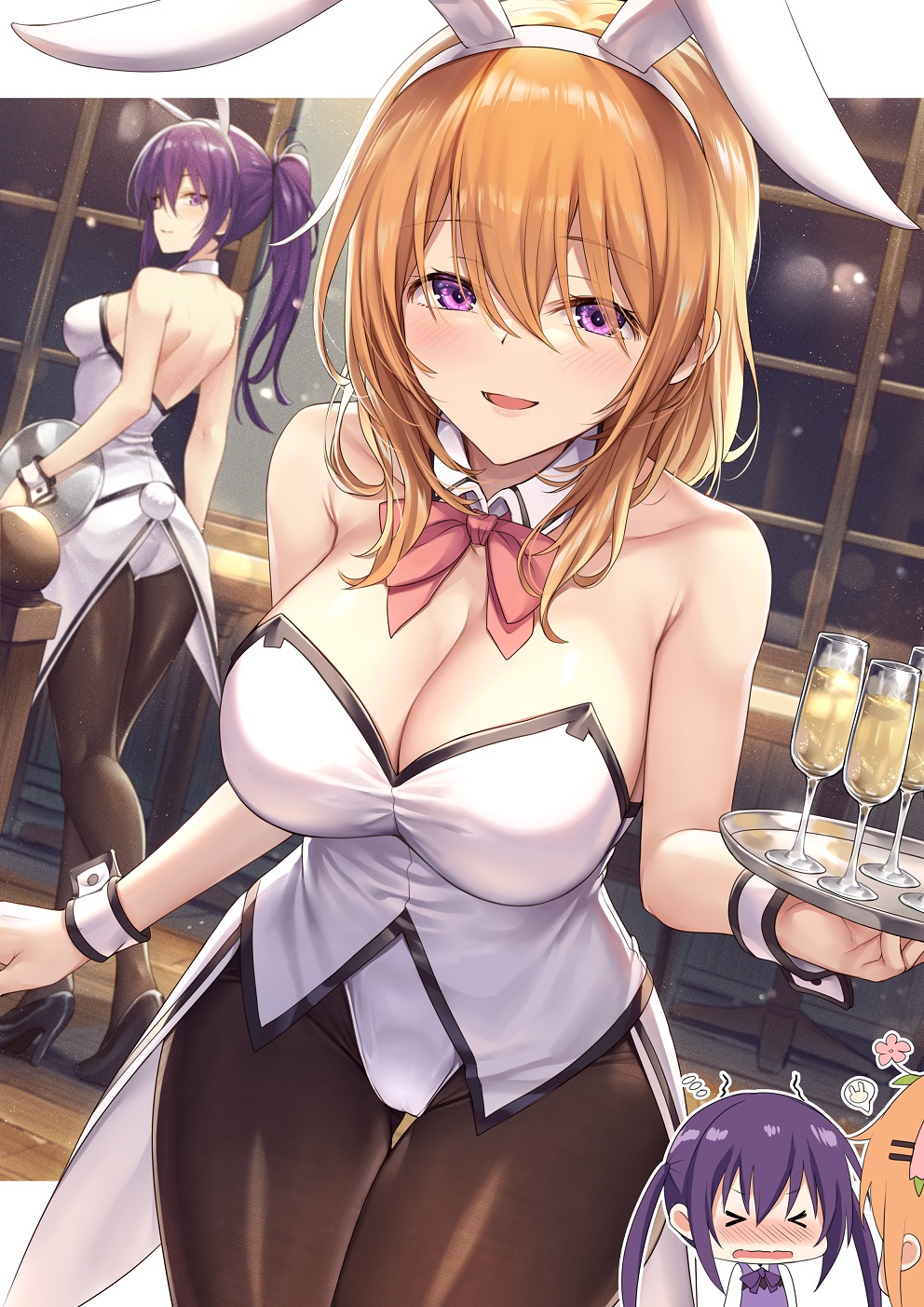 &gt;_&lt; 2girls :d alcohol animal_ears arm_at_side armpit_crease ass bangs bare_arms bare_shoulders black_footwear black_legwear blush border bow bowtie breasts bunny_ears bunny_girl bunny_tail bunnysuit champagne_flute chibi chibi_inset cleavage closed_eyes collarbone commentary_request cowboy_shot cup detached_collar drink drinking_glass dutch_angle eyebrows_visible_through_hair film_grain flower from_behind gochuumon_wa_usagi_desu_ka? hair_between_eyes hair_ornament hairband hairclip hand_up high_heels high_ponytail highres holding holding_tray hoto_cocoa imagining indoors ks_(xephyrks) large_breasts leaning_forward leotard long_hair looking_at_viewer looking_back multiple_girls night night_sky nose_blush older open_mouth orange_hair outside_border pantyhose purple_eyes purple_hair purple_neckwear red_bow red_neckwear sideboob sidelocks sky smile sparkle speech_bubble spoken_object standing strapless strapless_leotard table tail taut_clothes taut_leotard tedeza_rize thigh_gap tray twintails waitress walking wavy_mouth white_border white_hairband white_leotard window wooden_floor wrist_cuffs