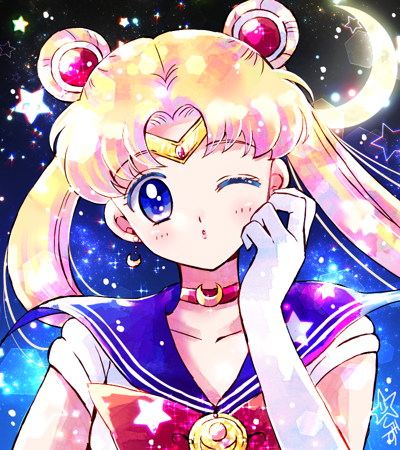 1girl bangs bishoujo_senshi_sailor_moon blonde_hair blue_eyes blue_sailor_collar bow bowtie choker circlet collarbone collared_shirt crescent crescent_choker crescent_earrings double_bun earrings elbow_gloves eyebrows_visible_through_hair floating_hair gloves hair_intakes hoshikuzu_(milkyway792) jewelry long_hair looking_at_viewer one_eye_closed parted_lips red_bow red_choker red_neckwear sailor_collar sailor_moon sailor_senshi_uniform sailor_shirt shiny shiny_hair shirt short_sleeves solo upper_body very_long_hair white_gloves white_shirt