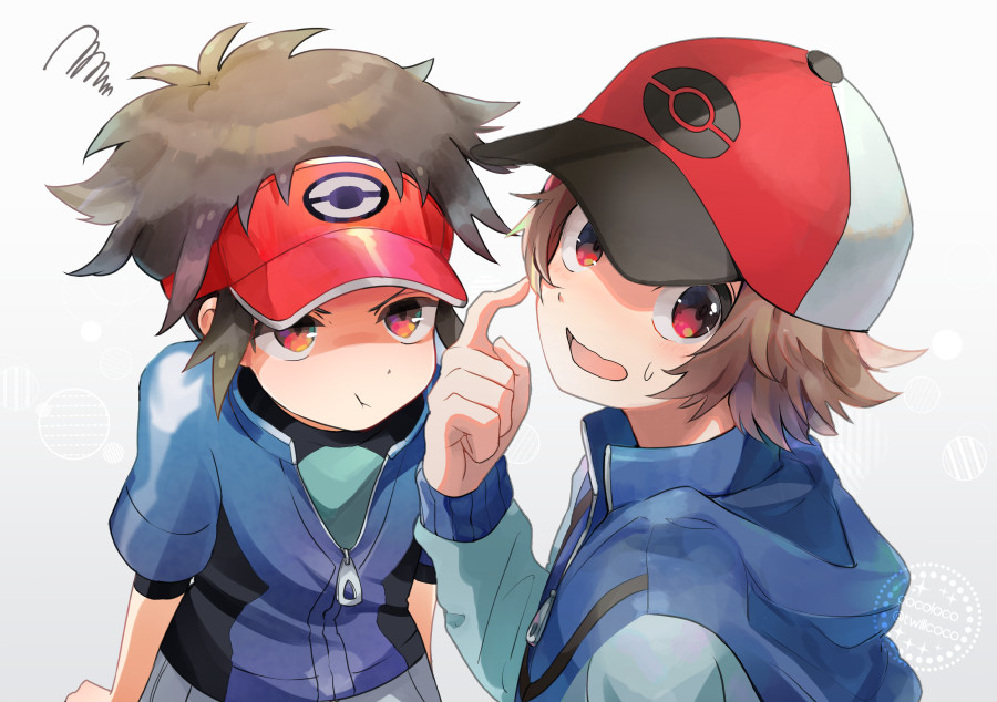 2boys baseball_cap blue_jacket brown_hair commentary_request hand_up hat jacket kokoroko kyouhei_(pokemon) long_sleeves looking_at_another looking_away male_focus multiple_boys open_mouth pokemon pokemon_(game) pokemon_bw pokemon_bw2 pout red_eyes red_headwear shaded_face short_sleeves simple_background touya_(pokemon) v-shaped_eyebrows visor_cap white_background zipper_pull_tab