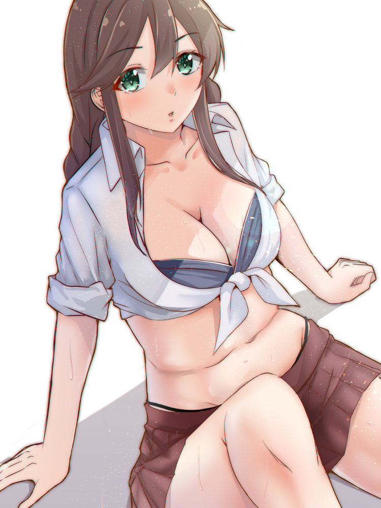 1girl bangs bikini black_bikini braid breasts brown_hair brown_skirt cleavage commentary_request green_eyes kantai_collection large_breasts long_sleeves looking_at_viewer noshiro_(kantai_collection) pleated_skirt shadow shirt shohei_(piranha5hk) simple_background sitting skirt skirt_hold sleeves_rolled_up solo swept_bangs swimsuit twin_braids white_background white_shirt