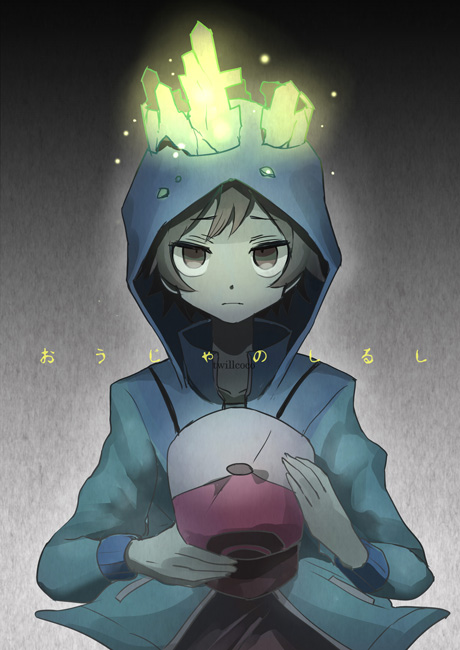 1boy bangs blue_jacket brown_eyes brown_hair closed_mouth commentary_request expressionless hat holding holding_clothes holding_hat hood hood_up jacket kokoroko long_sleeves no_pupils pokemon pokemon_(game) pokemon_bw solo touya_(pokemon) translation_request upper_body