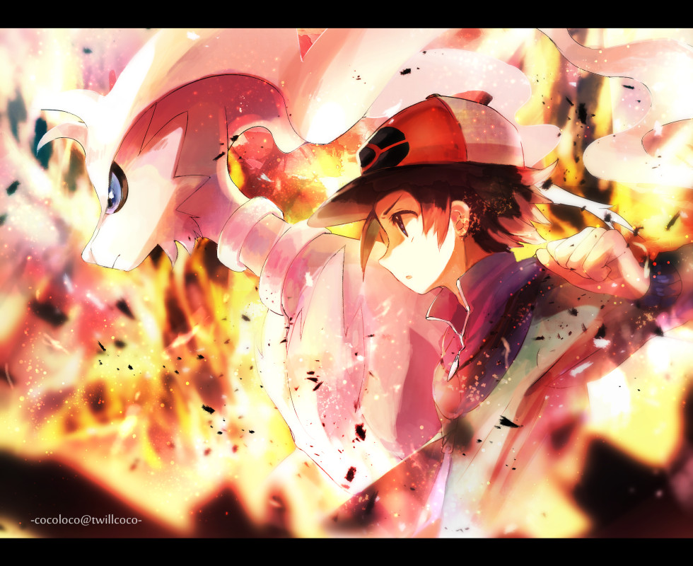 1boy artist_name baseball_cap blue_jacket brown_hair clenched_hand commentary_request fire gen_5_pokemon hand_up hat jacket kokoroko legendary_pokemon poke_ball_print pokemon pokemon_(creature) pokemon_(game) pokemon_bw profile reshiram touya_(pokemon) upper_body zipper_pull_tab