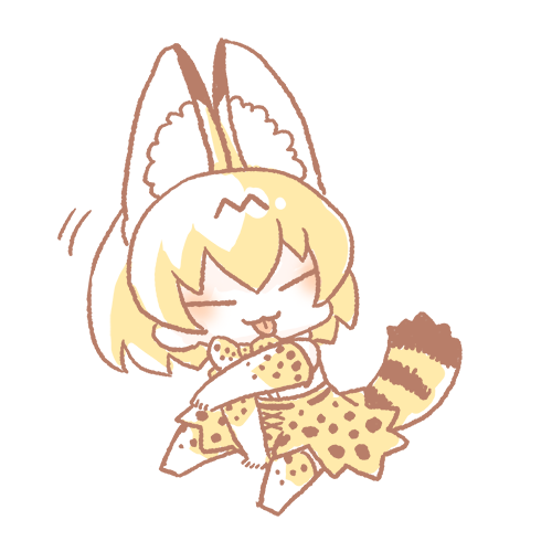 1girl ^_^ animal_ear_fluff animal_ears animal_print arm_support between_legs bow bowtie chibi closed_eyes closed_mouth elbow_gloves extra_ears facing_viewer full_body gloves hand_between_legs inukoro_(spa) kemono_friends licking licking_self lowres motion_lines no_nose orange_hair print_bow print_gloves print_legwear print_neckwear print_skirt serval_(kemono_friends) serval_ears serval_print serval_tail short_hair simple_background sitting skirt smile solo striped_tail tail tongue tongue_out white_background |3