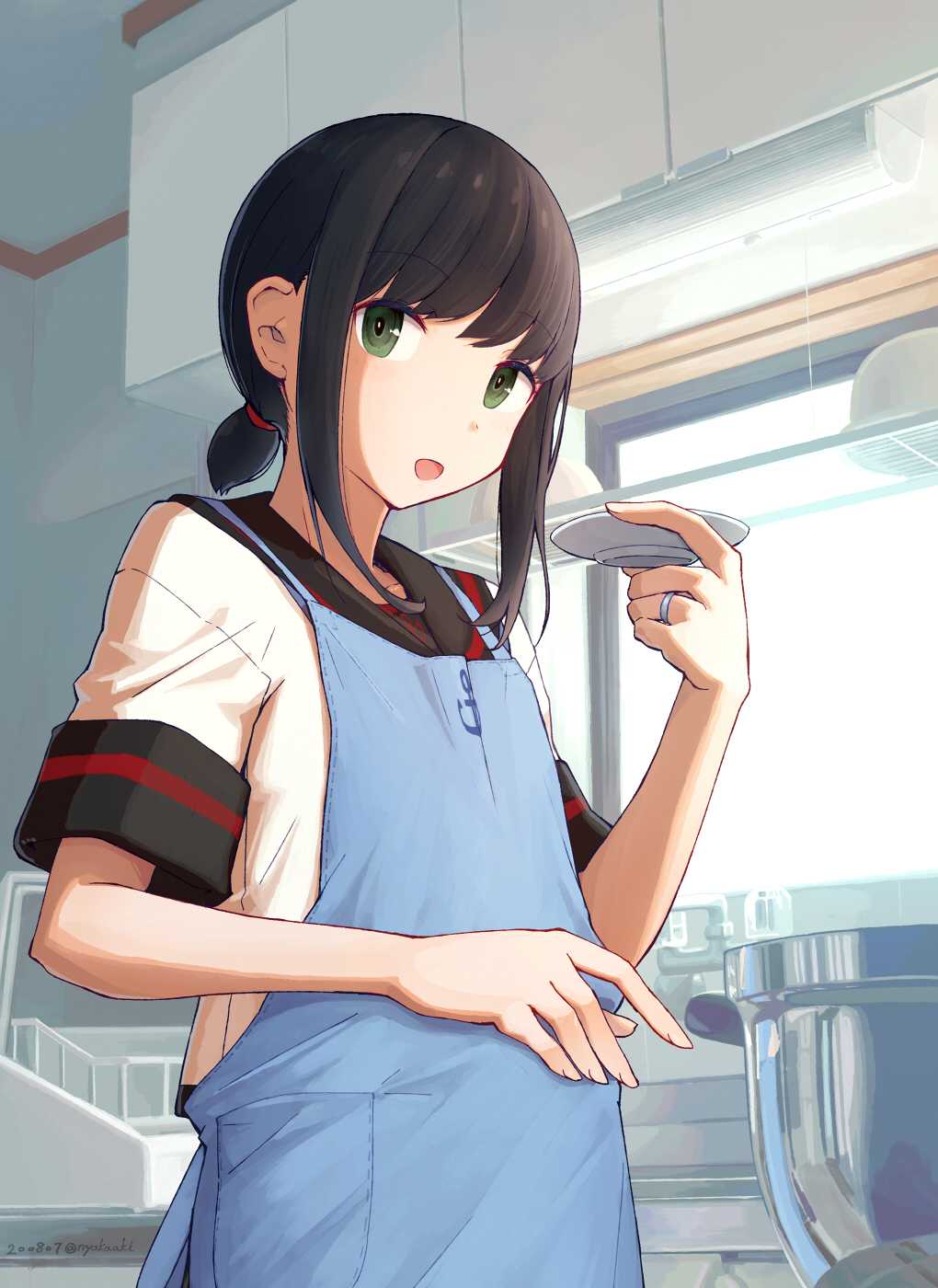 1girl apron black_hair black_sailor_collar blue_apron cowboy_shot fubuki_(kantai_collection) green_eyes highres kantai_collection kitchen long_hair looking_at_viewer low_ponytail nakaaki_masashi ponytail pot remodel_(kantai_collection) sailor_collar saucer school_uniform serafuku short_ponytail sidelocks solo window