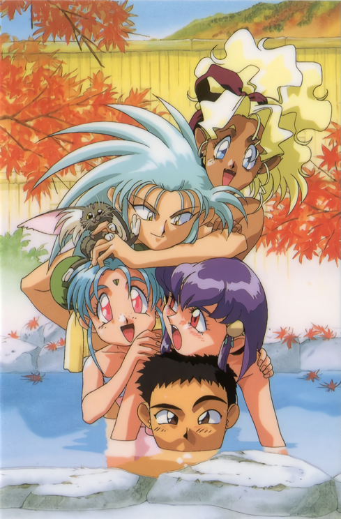 1990s_(style) 1boy 4girls animal_on_head aqua_hair autumn_leaves bamboo_fence black_hair blonde_hair blue_eyes brown_eyes dark_skin day facial_mark fangs fence forehead_mark freckles green_hair hands_on_another's_shoulders kuramitsu_mihoshi masaki_aeka_jurai masaki_sasami_jurai masaki_tenchi multiple_girls official_art on_head onsen open_mouth outdoors partially_submerged pink_eyes pointy_ears purple_hair red_eyes ryou-ouki ryouko_(tenchi_muyou!) tenchi_muyou! water yellow_eyes