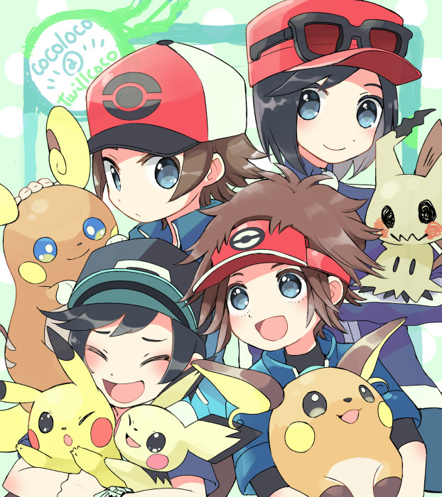 4boys :d alolan_form alolan_raichu artist_name bangs baseball_cap black_hair blue_jacket brown_hair calme_(pokemon) closed_mouth commentary_request eyewear_on_headwear gen_1_pokemon gen_2_pokemon gen_7_pokemon grey_eyes hat holding holding_pokemon jacket kokoroko kyouhei_(pokemon) mimikyu multiple_boys open_mouth pichu pikachu pokemon pokemon_(creature) pokemon_(game) pokemon_bw pokemon_bw2 pokemon_on_arm pokemon_sm pokemon_xy raichu red_headwear shirt short_sleeves smile sunglasses tongue touya_(pokemon) visor_cap you_(pokemon)