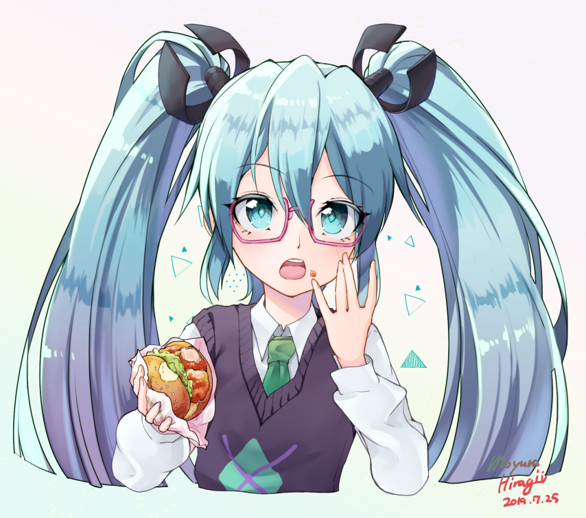 1girl blue_eyes blue_hair crumbs eating food glasses hamburger hatsune_miku_(shinkalion) holding holding_food moyurusun shinkansen_henkei_robo_shinkalion solo twintails upper_body