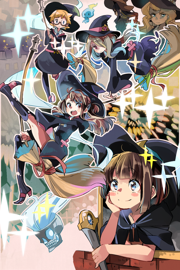 6+girls black_dress black_footwear black_headwear blonde_hair blue_eyes blush_stickers boots broom broom_riding brown_eyes brown_hair character_request check_character clone closed_mouth diana_cavendish dress glasses grey_hair hat holding kagari_atsuko knee_boots little_witch_academia long_hair lotte_jansson multiple_girls open_mouth red_eyes short_hair skull smile sucy_manbavaran sunameri_oishii ursula_charistes witch_hat younger