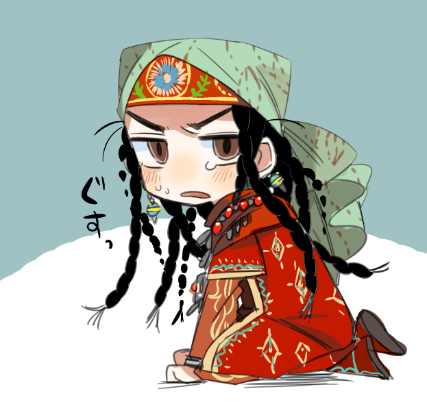 1girl aqua_background black_hair braid brown_eyes chibi dress earrings from_side frown full_body head_scarf jewelry long_hair long_sleeves looking_at_viewer multiple_braids necklace open_mouth otoyomegatari pariya red_dress sitting solo sunameri_oishii sweat traditional_clothes two-tone_background white_background