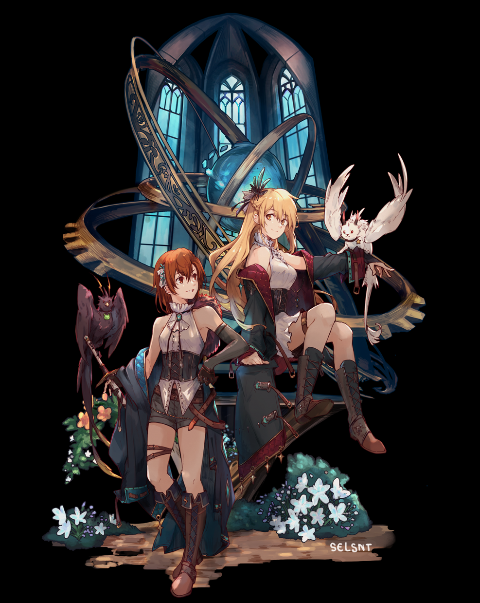 2girls :d alternate_costume animal bangs bare_shoulders belt belt_buckle blonde_hair boots braid breasts brown_eyes brown_hair buckle coat coat_removed commentary_request corset elbow_gloves fantasy flower full_body gloves hair_ornament half_updo hand_on_hip highres holding holding_sword holding_weapon leather_belt long_hair long_sleeves looking_at_another medium_breasts misaka_mikoto multiple_girls off_shoulder open_mouth orange_eyes sdregret shokuhou_misaki short_hair shorts sidelocks small_breasts smile sword to_aru_kagaku_no_railgun to_aru_majutsu_no_index underbust weapon