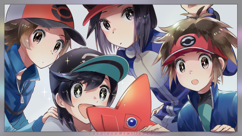 +_+ 4boys :d :o artist_name bangs baseball_cap blue_jacket border brown_hair calme_(pokemon) commentary_request gen_4_pokemon grey_background hand_on_another's_shoulder hand_up happy hat holding jacket kokoroko kyouhei_(pokemon) male_focus multiple_boys open_mouth poke_ball_print pokemon pokemon_(game) pokemon_bw pokemon_bw2 pokemon_sm pokemon_xy rotom rotom_dex smile touya_(pokemon) you_(pokemon)