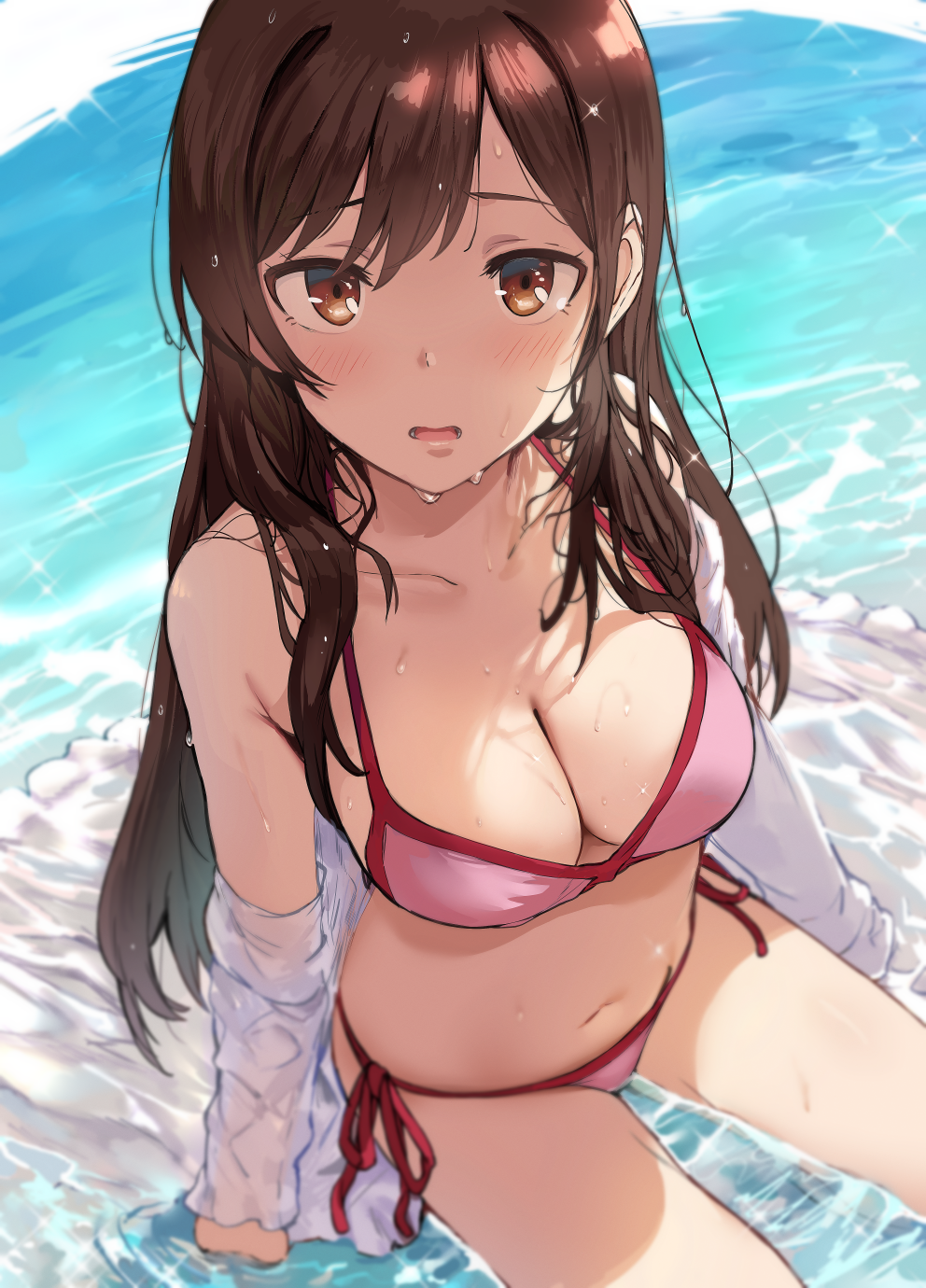 1girl bangs bare_shoulders beach bikini blush breasts brown_eyes brown_hair cleavage collarbone hews_hack highres kanojo_okarishimasu large_breasts long_hair long_sleeves looking_at_viewer mizuhara_chizuru navel ocean off_shoulder open_clothes open_mouth open_shirt pink_bikini shore sitting swimsuit thighs wet