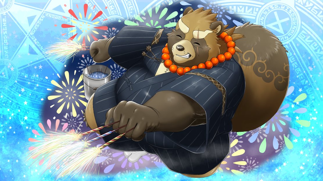 2020 anthro belly brown_body brown_fur canid canine clothing eyes_closed fireworks fur gyobu humanoid_hands jinku_56 kemono male mammal overweight overweight_anthro overweight_male raccoon_dog robe scar solo tanuki tokyo_afterschool_summoners video_games