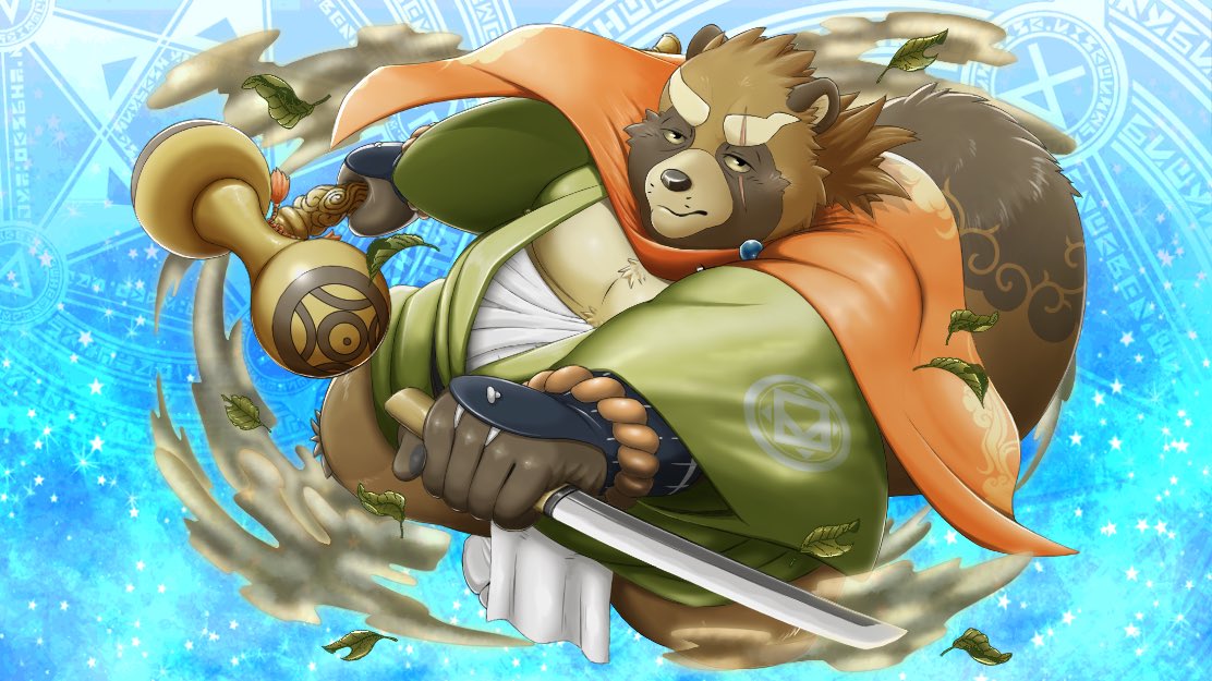 2020 anthro belly brown_body brown_fur canid canine clothing fur gyobu humanoid_hands jinku_56 kemono leaf male mammal overweight overweight_anthro overweight_male raccoon_dog robe scar solo tanuki tokyo_afterschool_summoners video_games weapon