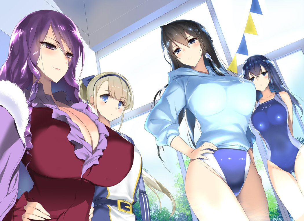 4girls bangs belt belt_buckle black_hair blonde_hair blue_eyes blue_hair blunt_bangs blush braid breasts buckle character_request cleavage closed_mouth competition_swimsuit eyebrows_visible_through_hair from_below fur_trim hair_between_eyes hair_ornament hairband hands_on_hips highleg highleg_swimsuit hima hood hood_down huge_breasts indoors kishikawa_meru large_breasts lips long_hair long_sleeves looking_at_another looking_away multiple_girls novel_illustration official_art one-piece_swimsuit onee-san_sensei_wa_danshikousei_ni_ezukeshitai. open_clothes ponytail purple_eyes purple_hair shiny shiny_hair shiny_swimsuit smile standing swimsuit textless thighs tree very_long_hair wavy_hair window