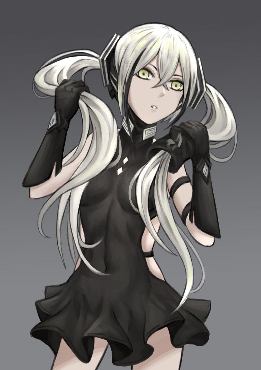 1girl black_dress black_gloves blonde_hair breasts covered_navel covering covering_breasts destroyer_(girls_frontline) dress eyebrows_visible_through_hair girls_frontline gloves grey_background hair_between_eyes hair_ribbon hand_in_hair highres long_hair looking_at_viewer ribbon selcky silver_hair solo twintails yellow_eyes