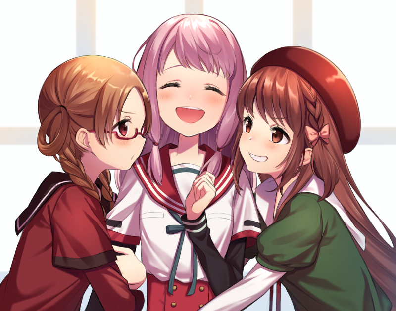 3girls :d ^_^ annoyed bangs beret black_sailor_collar blunt_bangs blush braid brown_eyes brown_hair buttons closed_eyes dot_nose eyelashes facing_viewer flat_chest french_braid frown furrowed_eyebrows girl_sandwich glasses green_ribbon grin hair_ribbon hand_up hands_on_another's_arms happy hat height_difference hiiragi_nemu indoors kamihama_university_affiliated_school_uniform laughing lineup long_hair long_sleeves looking_at_another magia_record:_mahou_shoujo_madoka_magica_gaiden mahou_shoujo_madoka_magica medium_hair multiple_girls neck_ribbon omochimochi open_mouth parted_lips pink_hair profile puffy_short_sleeves puffy_sleeves red-framed_eyewear red_headwear red_sailor_collar ribbon sailor_collar sandwiched sankyouin_academy_uniform satomi_touka school_uniform semi-rimless_eyewear shiny shiny_hair short_sleeves sidelocks smile st._liliana's_academy_uniform standing tamaki_ui tareme teeth twin_braids twintails under-rim_eyewear uniform upper_body upper_teeth v-shaped_eyebrows window