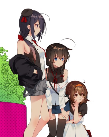 3girls adapted_costume ahoge alternate_costume ariake_(kantai_collection) beret black_blouse black_headwear black_jacket black_legwear black_shirt blouse blue_eyes blue_skirt braid brown_eyes brown_hair candy casual commentary_request denim denim_skirt dress facing_viewer feet_out_of_frame food food_in_mouth grey_shorts hair_flaps hair_ornament hair_over_shoulder hairband hands_in_pockets hat hatori_piyoko jacket kantai_collection layered_shirt leaning_forward lollipop long_hair looking_to_the_side mouth_hold multiple_girls necktie off-shoulder_shirt off_shoulder orange_hairband pencil_skirt purple_eyes red_neckwear remodel_(kantai_collection) shigure_(kantai_collection) shiratsuyu_(kantai_collection) shirt short_hair shorts simple_background single_braid skirt sleeveless sleeveless_shirt squatting striped striped_shorts thighhighs turtleneck white_background white_dress white_shirt