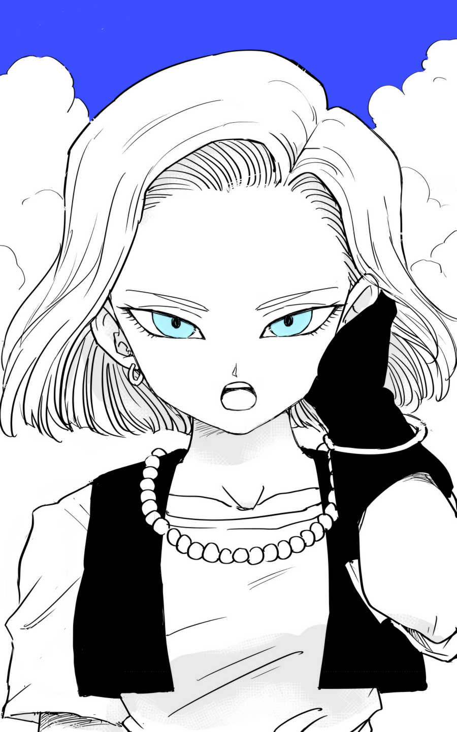 1girl android_18 arm_at_side black_gloves blue_eyes blue_sky blue_theme bracelet breasts cloud cloudy_sky collarbone commentary day dragon_ball dragon_ball_z earrings expressionless eyelashes floating_hair gloves hand_in_hair hand_up highres hoop_earrings jewelry jitome looking_at_viewer medium_breasts monochrome necklace open_mouth outdoors pearl_necklace shirt short_hair short_sleeves sky solo spot_color symbol_commentary teeth tkgsize tongue upper_body upper_teeth waistcoat white_shirt