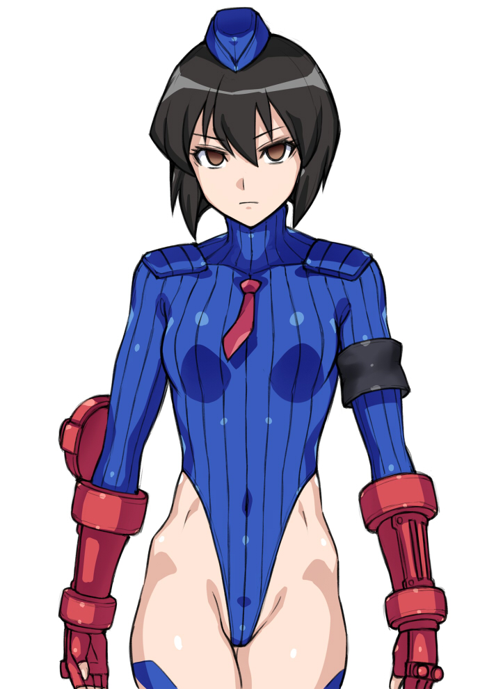 1girl black_hair blue_headwear blue_leotard bob_cut bodypaint breasts brown_eyes cammy_white cammy_white_(cosplay) chloe_valens commentary_request corruption cosplay cowboy_shot dark_persona empty_eyes fingerless_gloves garrison_cap gloves hai_(h81908190) hat highleg highleg_leotard leotard looking_at_viewer red_gloves ribbed_leotard shadaloo_dolls simple_background small_breasts solo street_fighter street_fighter_zero_(series) tales_of_(series) tales_of_legendia white_background