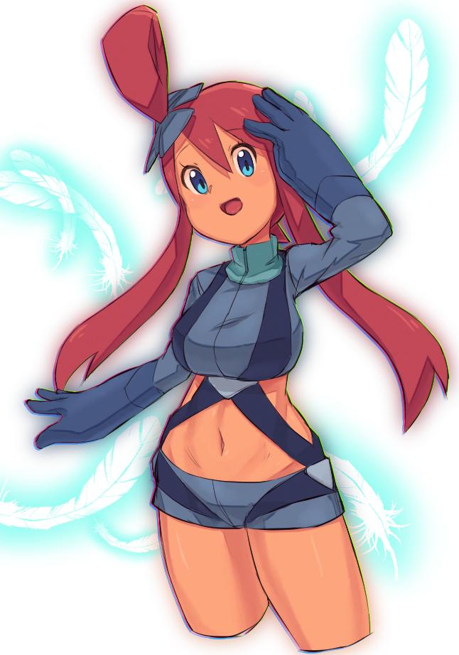 1girl :d bangs blue_eyes blue_gloves blue_shorts breasts crop_top eyebrows_visible_through_hair fuuro_(pokemon) gloves gym_leader hair_between_eyes long_hair looking_at_viewer medium_breasts midriff navel nyonn24 one_side_up open_mouth pokemon pokemon_(game) pokemon_bw red_hair short_hair_with_long_locks short_shorts shorts sidelocks smile solo white_background white_feathers