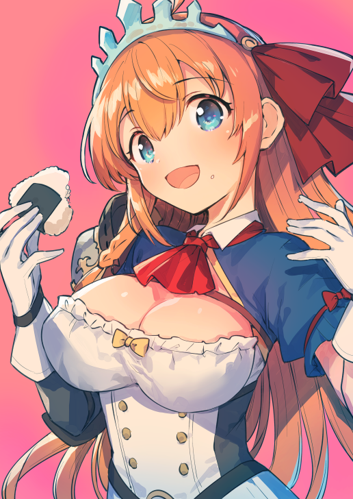 1girl :d ahoge ascot bangs blue_eyes blush breasts cleavage commentary_request eyebrows_visible_through_hair food food_on_face gloves hair_between_eyes hair_ribbon hands_up head_tilt holding holding_food ichihaya long_hair medium_breasts onigiri open_mouth orange_hair pecorine pink_background princess_connect! princess_connect!_re:dive puffy_short_sleeves puffy_sleeves red_neckwear red_ribbon ribbon rice rice_on_face short_sleeves shrug_(clothing) simple_background smile solo tiara upper_body very_long_hair white_gloves