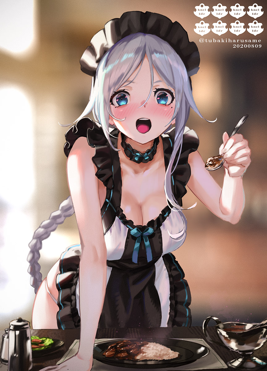 1girl blue_eyes blush braid breasts cleavage collarbone curry curry_rice dated food harusame_tsubaki highres holding holding_spoon kantai_collection large_breasts long_hair mole mole_under_eye open_mouth rice silver_hair single_braid sleeveless solo spoon twitter_username umikaze_(kantai_collection) upper_teeth very_long_hair