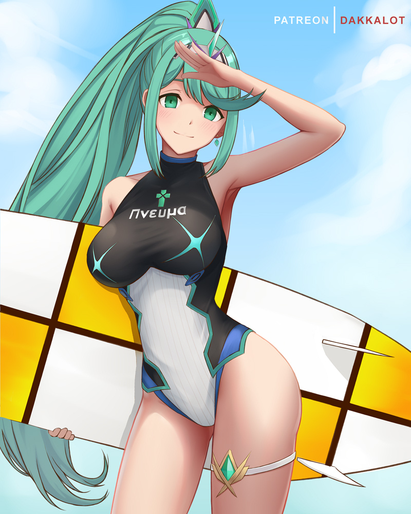 1girl aqua_eyes aqua_hair armpits arms_up artist_name bare_arms bare_shoulders blue_sky blush breasts character_name closed_mouth clothes_writing collarbone competition_swimsuit contrapposto cowboy_shot dakkalot day earrings gem holding jewelry large_breasts long_hair looking_at_viewer one-piece_swimsuit outdoors pneuma_(xenoblade_2) ponytail salute sky smile solo surfboard swimsuit tiara two-tone_swimsuit very_long_hair xenoblade_(series) xenoblade_2