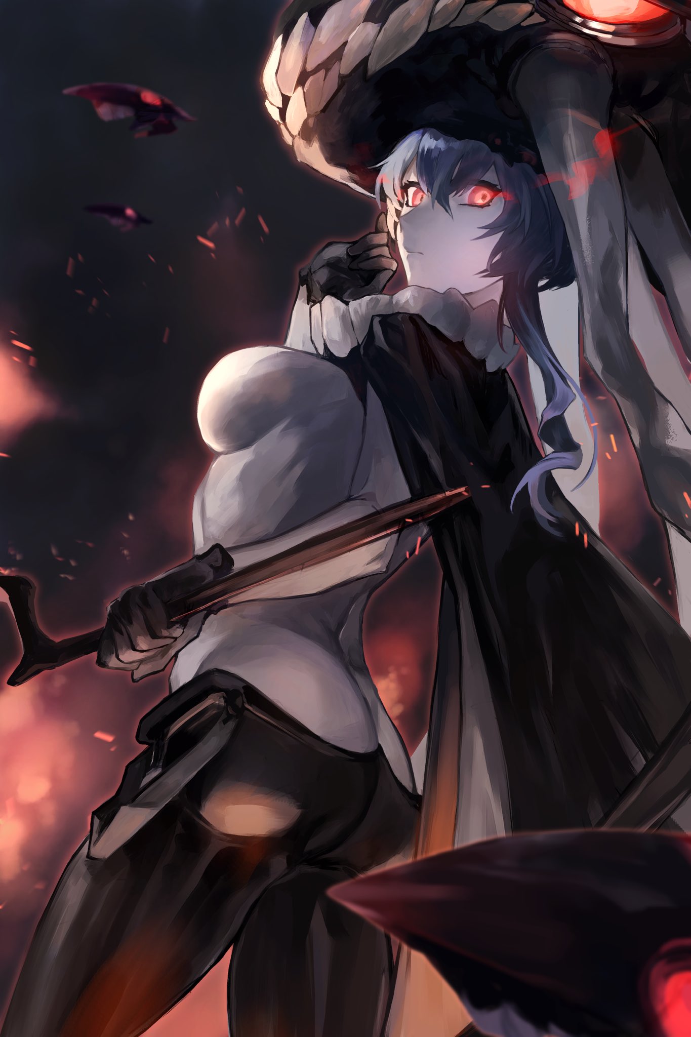 1girl breasts cane cowboy_shot enemy_aircraft_(kantai_collection) fukazaki glowing glowing_eyes hair_between_eyes highres holding holding_cane kantai_collection long_hair medium_breasts pale_skin red_eyes shinkaisei-kan solo white_hair wo-class_aircraft_carrier