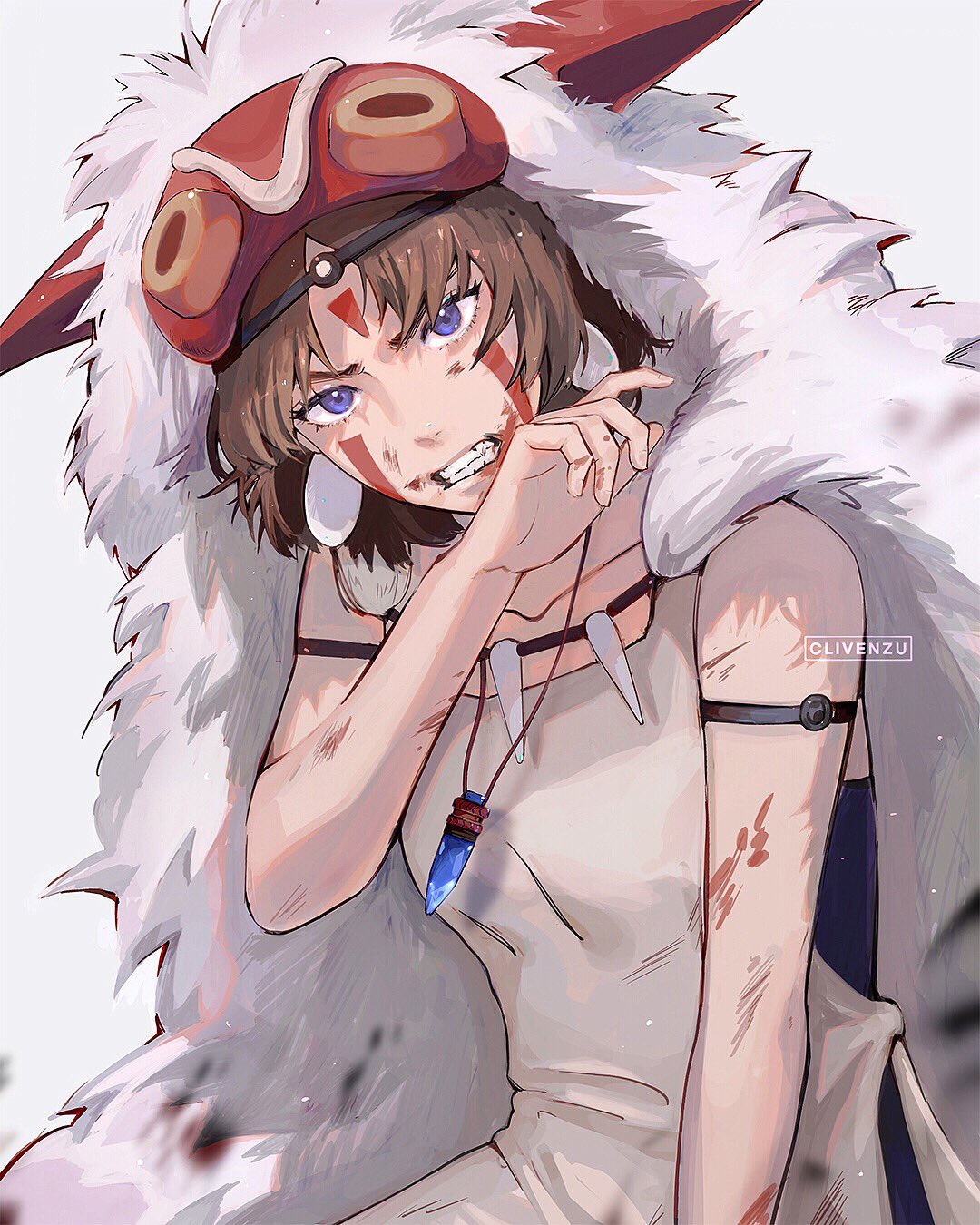 1girl arm_belt artist_name blood brown_hair clenched_teeth clivenzu commentary earrings english_commentary facial_mark forehead_mark hand_up hat head_tilt highres horned_headwear jewelry looking_at_viewer mononoke_hime pelt purple_eyes robe san solo teeth tooth_necklace upper_body wiping_face