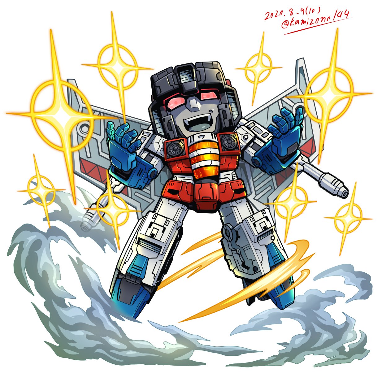 1boy chibi dated decepticon floating flying highres kamizono_(spookyhouse) mecha mechanical_wings no_humans open_hands open_mouth red_eyes solo starscream transformers transformers:_war_for_cybertron_trilogy twitter_username white_background wings