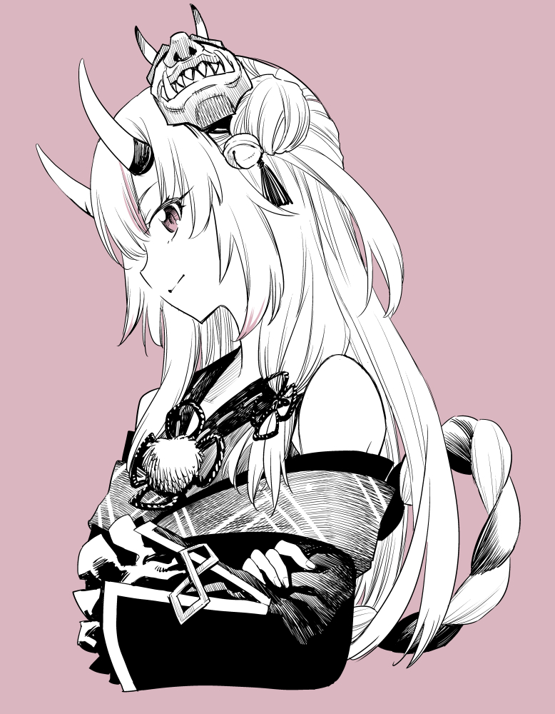 1girl bangs bare_shoulders bell closed_mouth from_side greyscale hair_bell hair_ornament hololive horns japanese_clothes jingle_bell kurose_kousuke long_hair looking_at_viewer mask mask_on_head monochrome multicolored_hair nakiri_ayame oni oni_horns red_hair rope sleeves_past_fingers sleeves_past_wrists smile solo spot_color streaked_hair virtual_youtuber